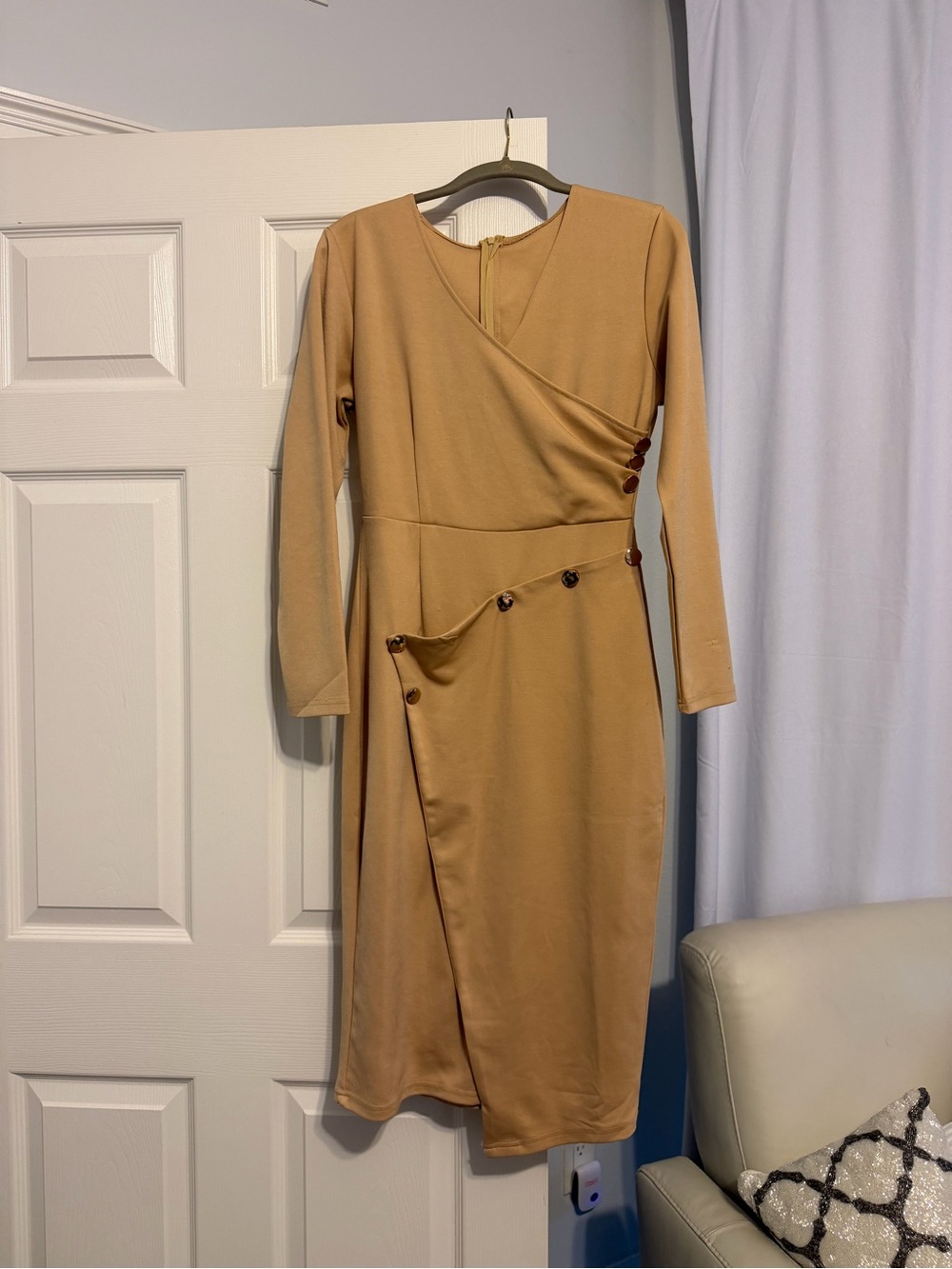 Women’s Long Sleeve Camel Faux Wrap Dress